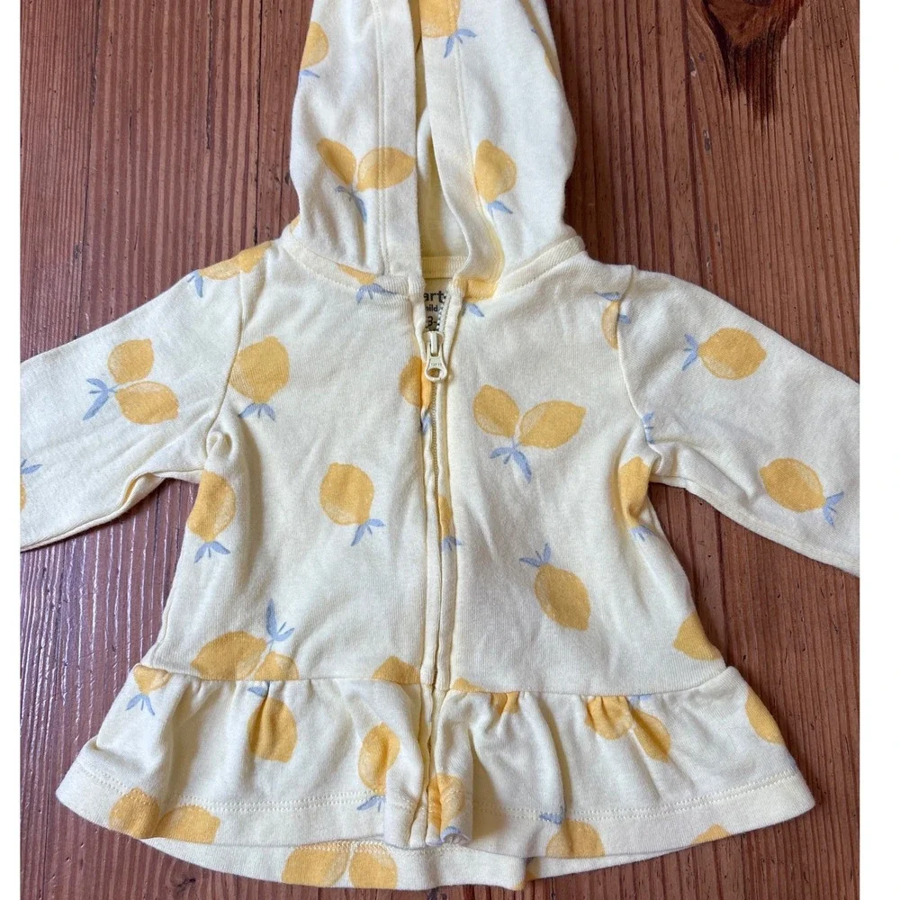 Carter's Zip Up Hoodie Baby Girl Yellow Lemon Peplum‎ Ruffle SIZE 3-6M